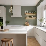 A freshly painted modern British kitchen featuring a sage green feature wall and matte white cabinets.