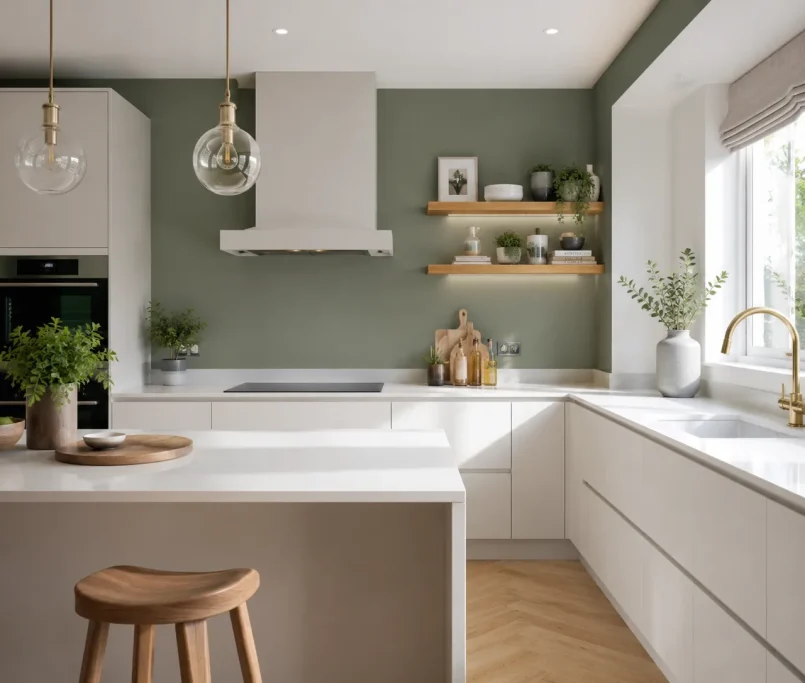 A freshly painted modern British kitchen featuring a sage green feature wall and matte white cabinets.