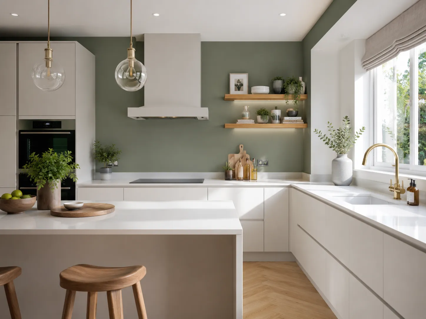 A freshly painted modern British kitchen featuring a sage green feature wall and matte white cabinets.