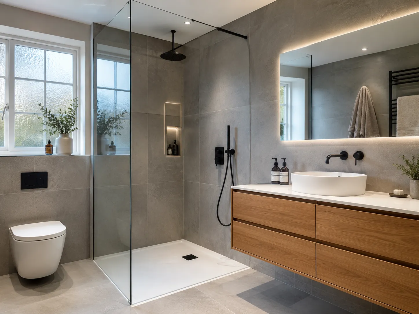 A newly renovated modern British bathroom featuring a walk-in rainfall shower, bespoke vanity, and large porcelain tiles.