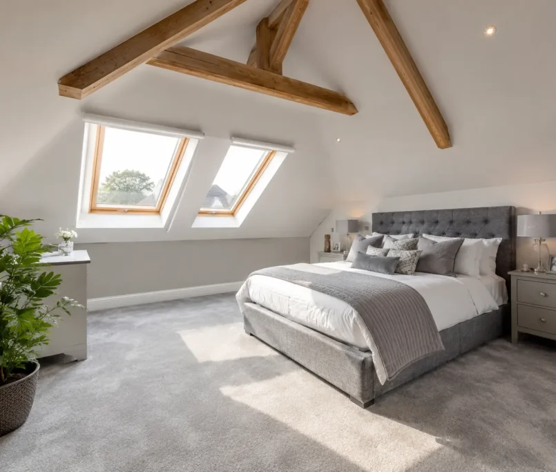 A newly completed loft conversion in a British home featuring Velux windows and modern decor.