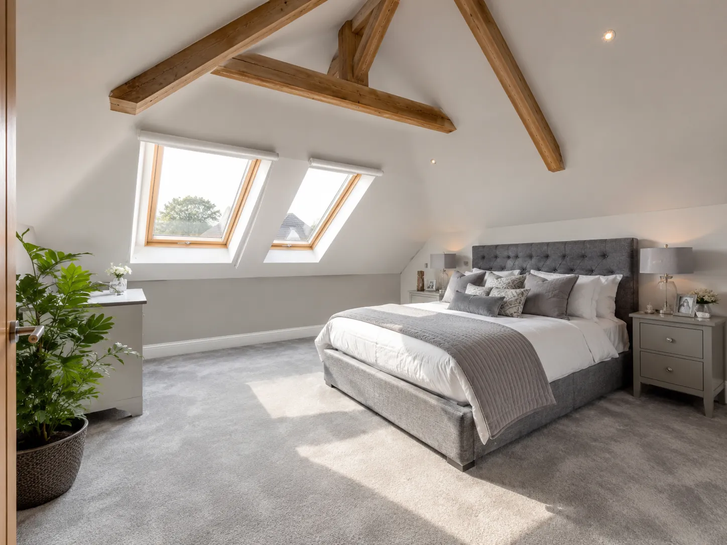 A newly completed loft conversion in a British home featuring Velux windows and modern decor.