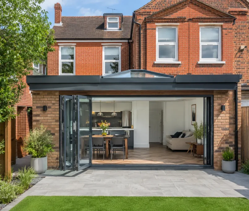 A beautiful, cost-effective small home extension with a flat roof and bi-fold doors on a UK property.