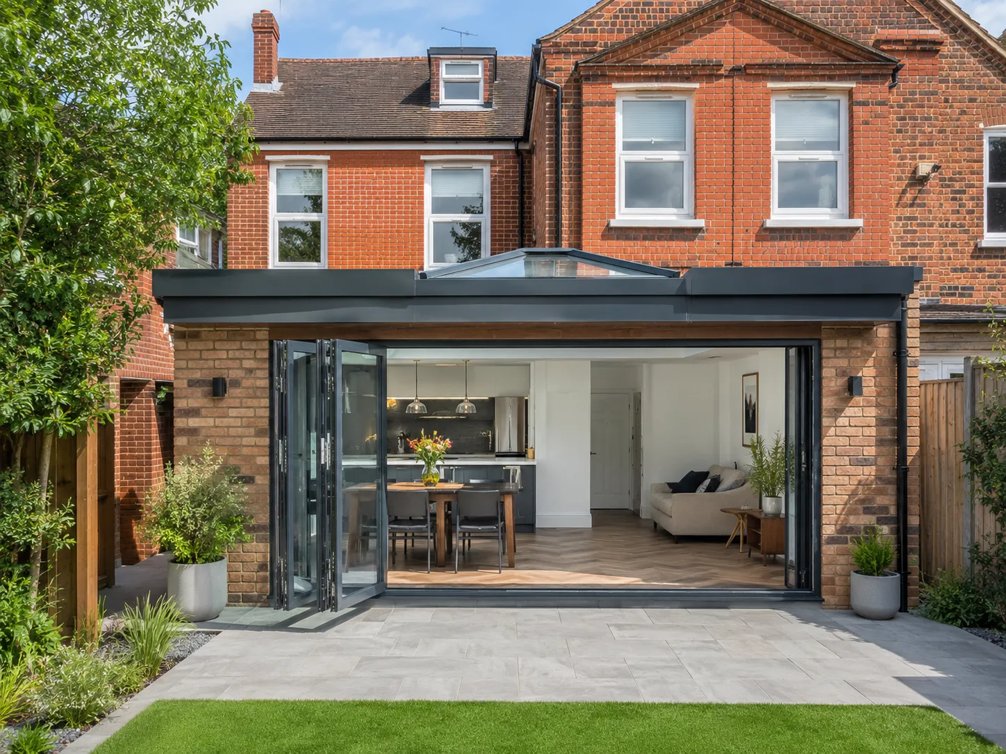A beautiful, cost-effective small home extension with a flat roof and bi-fold doors on a UK property.