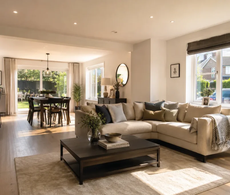 A beautiful modern open-plan living room showcasing a completed 3-bed semi renovation cost project.