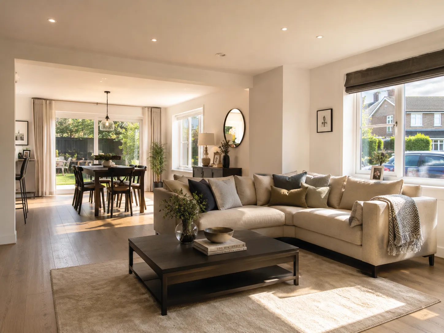 A beautiful modern open-plan living room showcasing a completed 3-bed semi renovation cost project.