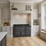 A luxurious modern British kitchen highlighting a sleek electric model to evaluate if are aga cookers worth it today.