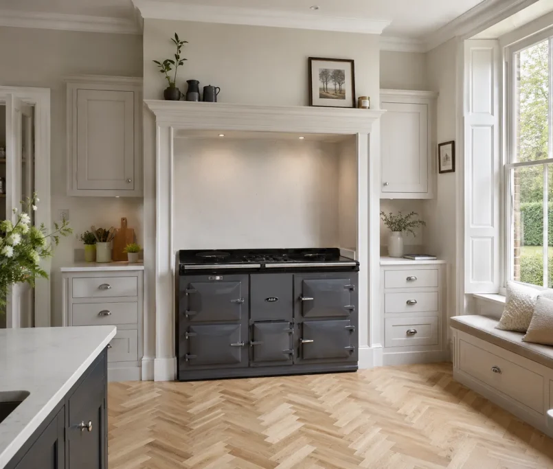 A luxurious modern British kitchen highlighting a sleek electric model to evaluate if are aga cookers worth it today.