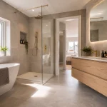 A pristine, newly renovated modern British bathroom featuring a frameless walk-in shower and grey porcelain tiles.