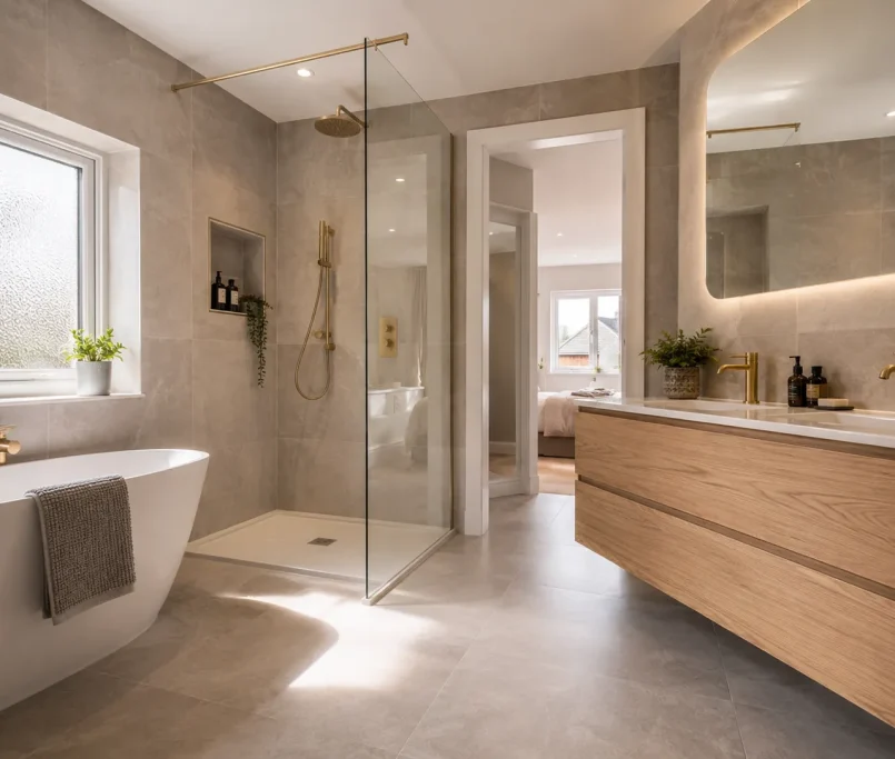 A pristine, newly renovated modern British bathroom featuring a frameless walk-in shower and grey porcelain tiles.