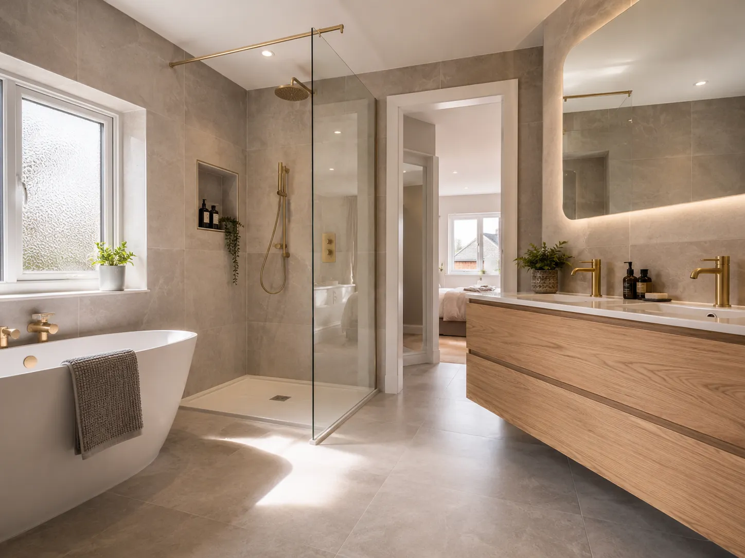 A pristine, newly renovated modern British bathroom featuring a frameless walk-in shower and grey porcelain tiles.
