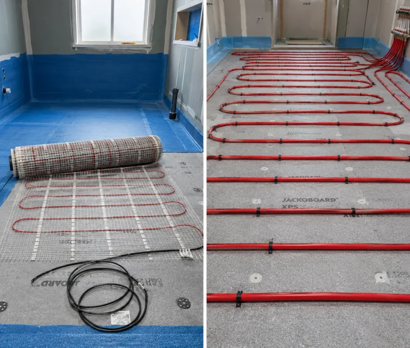 A side-by-side technical layout comparison evaluating bathroom underfloor heating electric vs water systems.