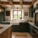 stunning completed cottage kitchen featuring beautiful bespoke country kitchen ideas and green painted cabinets.