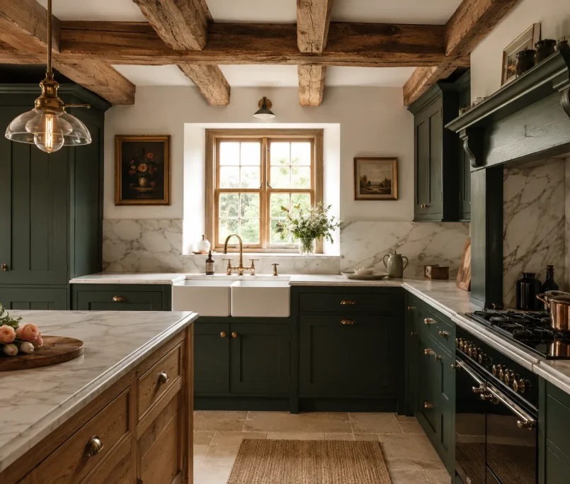 stunning completed cottage kitchen featuring beautiful bespoke country kitchen ideas and green painted cabinets.