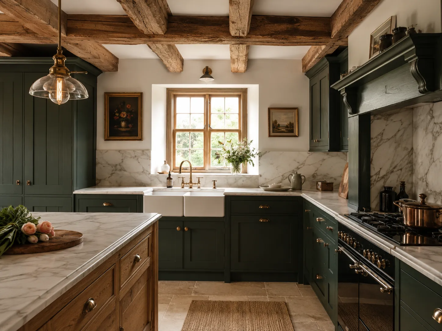 stunning completed cottage kitchen featuring beautiful bespoke country kitchen ideas and green painted cabinets.