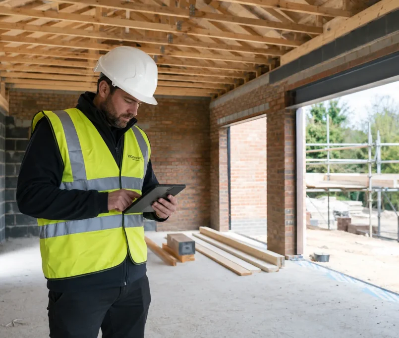 An official building inspector conducting a structural check to complete the building control process uk.