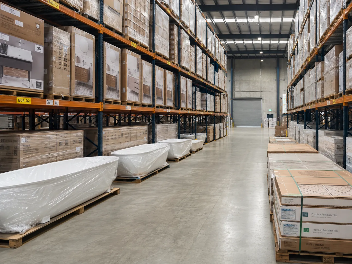 A local dedicated warehouse fully stocked with premium bathroom suites and tiles ready for fast delivery.