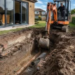 A deep foundation excavation for a UK property extension revealing hidden underground drainage challenges.