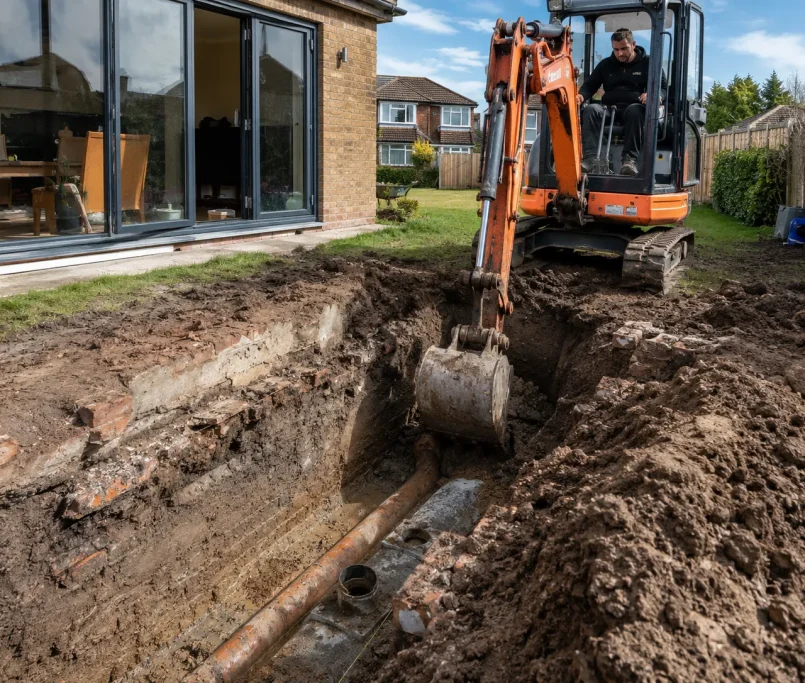 A deep foundation excavation for a UK property extension revealing hidden underground drainage challenges.
