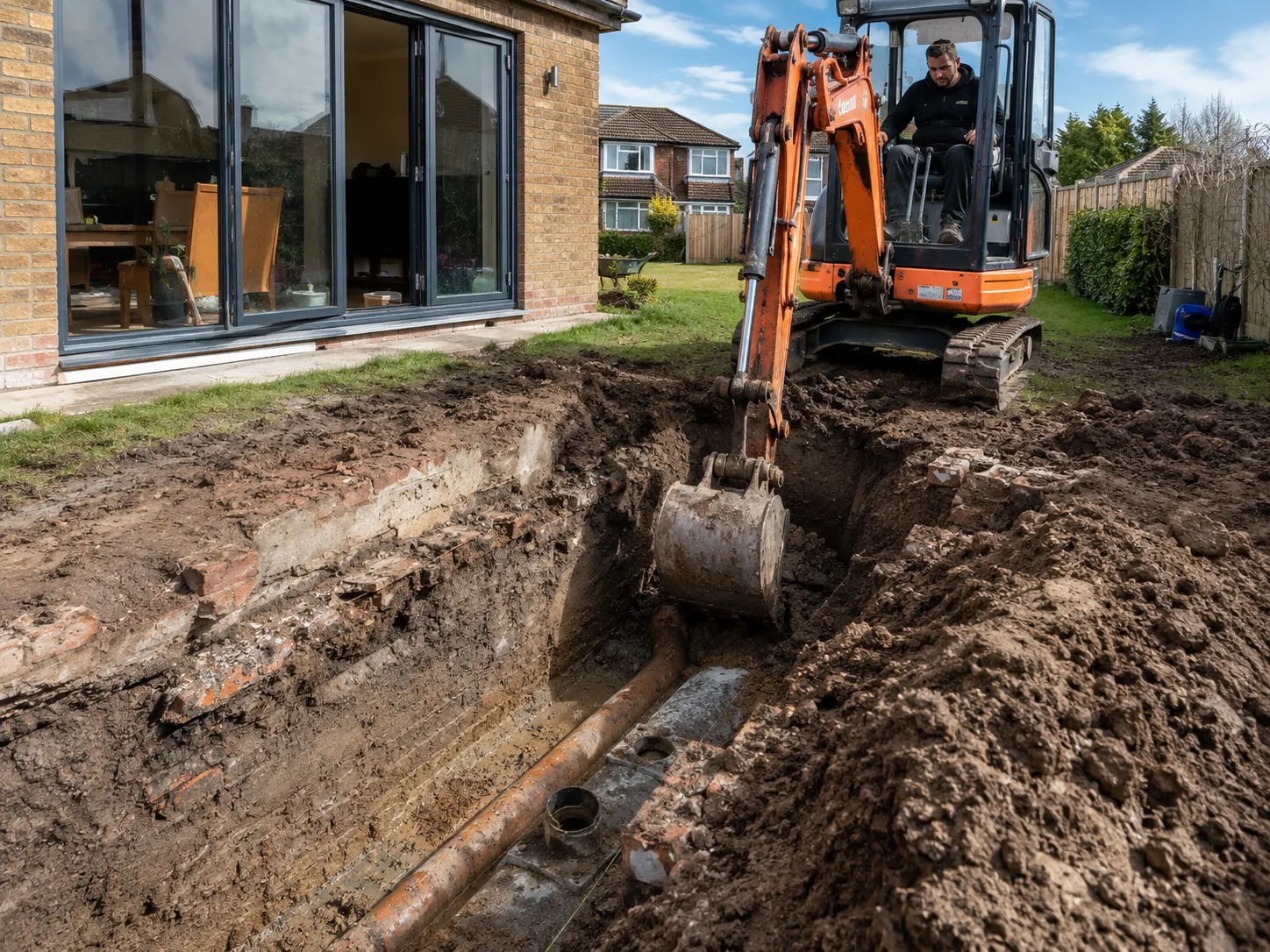 A deep foundation excavation for a UK property extension revealing hidden underground drainage challenges.
