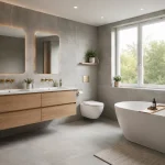 A beautiful modern family-friendly luxury bathroom demonstrating safe, anti-slip flooring and wall-hung cabinetry.