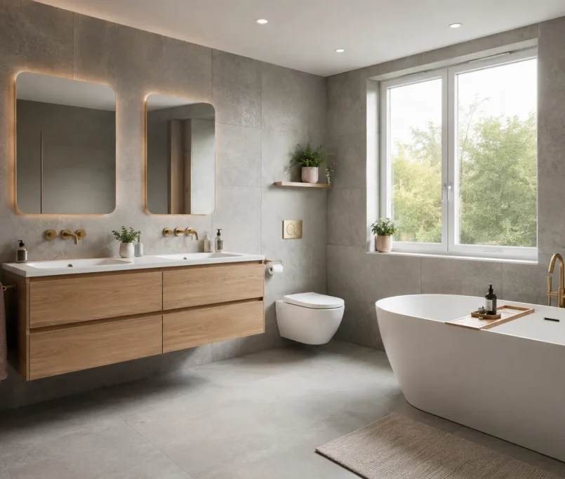 A beautiful modern family-friendly luxury bathroom demonstrating safe, anti-slip flooring and wall-hung cabinetry.