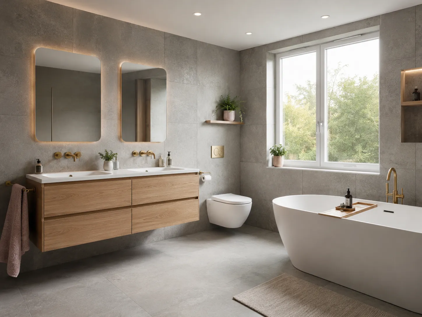 A beautiful modern family-friendly luxury bathroom demonstrating safe, anti-slip flooring and wall-hung cabinetry.