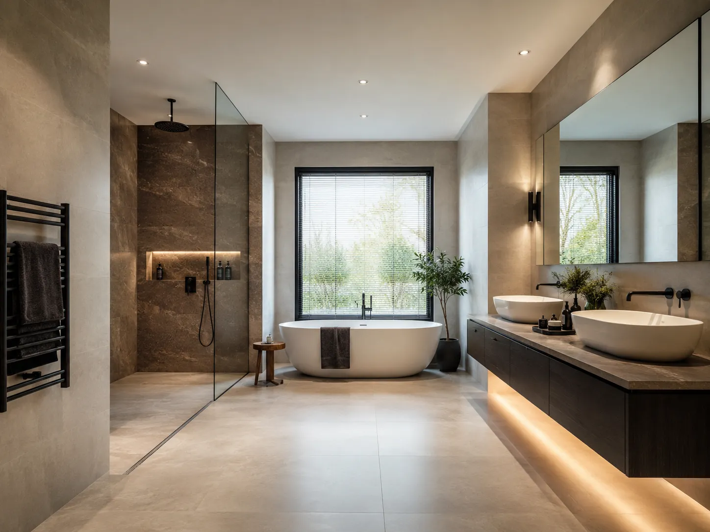 A pristine, fully completed luxury bathroom completed in under one month by a professional fitting team.