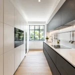A beautiful modern parallel kitchen demonstrating smart galley kitchen storage ideas with floor-to-ceiling cabinets.