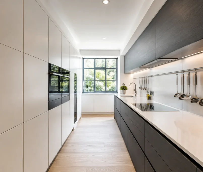 A beautiful modern parallel kitchen demonstrating smart galley kitchen storage ideas with floor-to-ceiling cabinets.