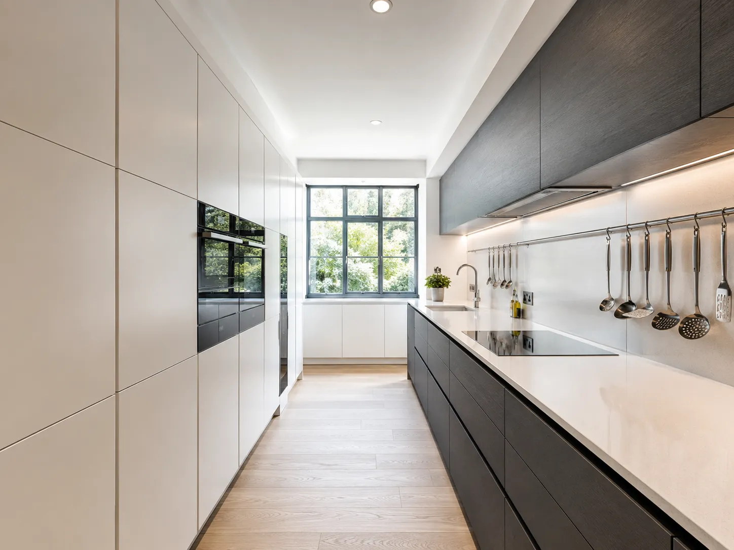 A beautiful modern parallel kitchen demonstrating smart galley kitchen storage ideas with floor-to-ceiling cabinets.