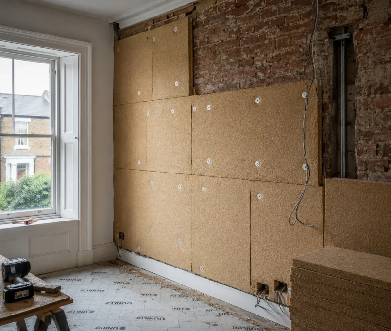 A traditional British property undergoing a professional, breathable internal wall insulation retrofit.