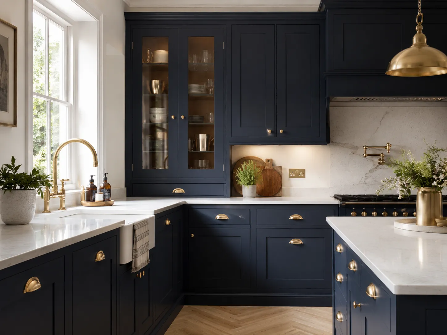 Freshly painted midnight blue kitchen cupboards with brass handles