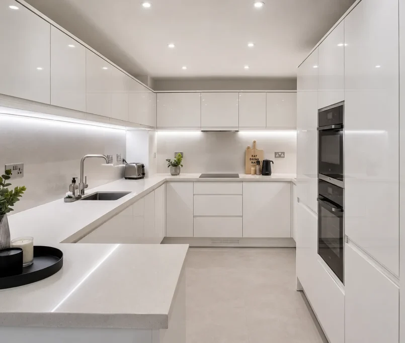 A beautiful modern space demonstrating perfect kitchen lighting without windows using reflective surfaces and bright LEDs.