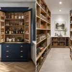 A visual comparison highlighting the design differences between a larder vs pantry setup in a modern kitchen.