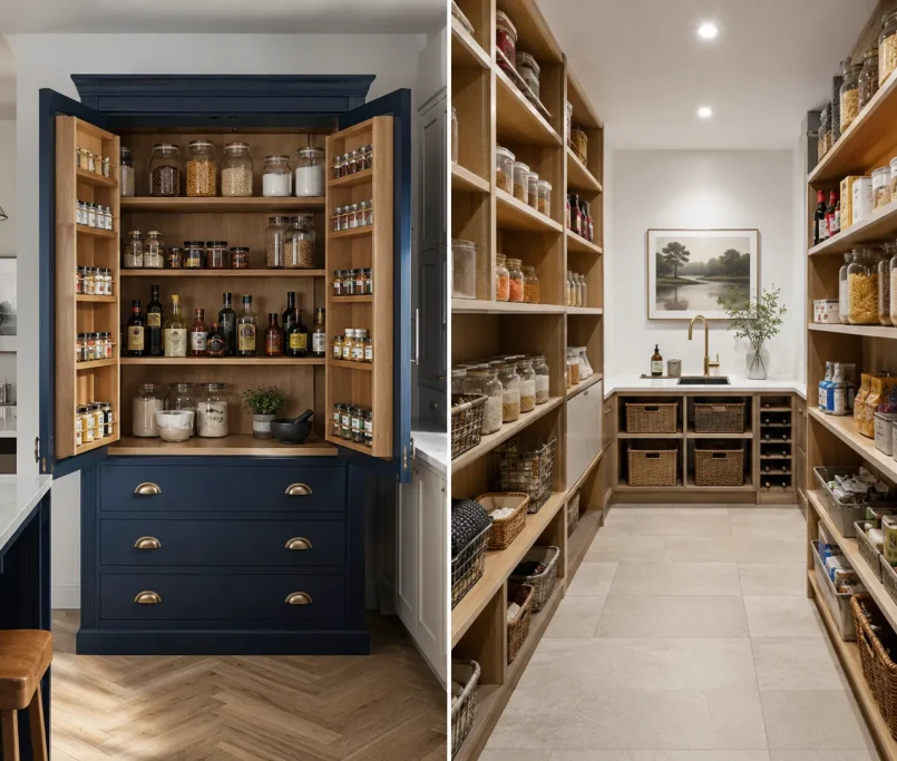 A visual comparison highlighting the design differences between a larder vs pantry setup in a modern kitchen.