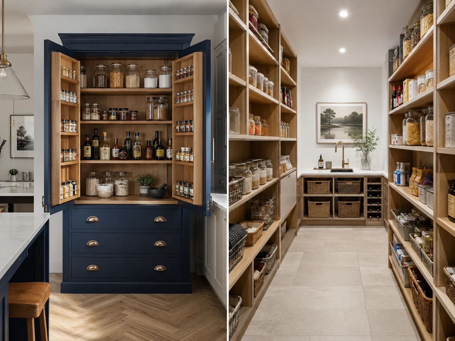 A visual comparison highlighting the design differences between a larder vs pantry setup in a modern kitchen.