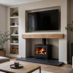 Modern living room ideas with log burner integrated into a bespoke media wall