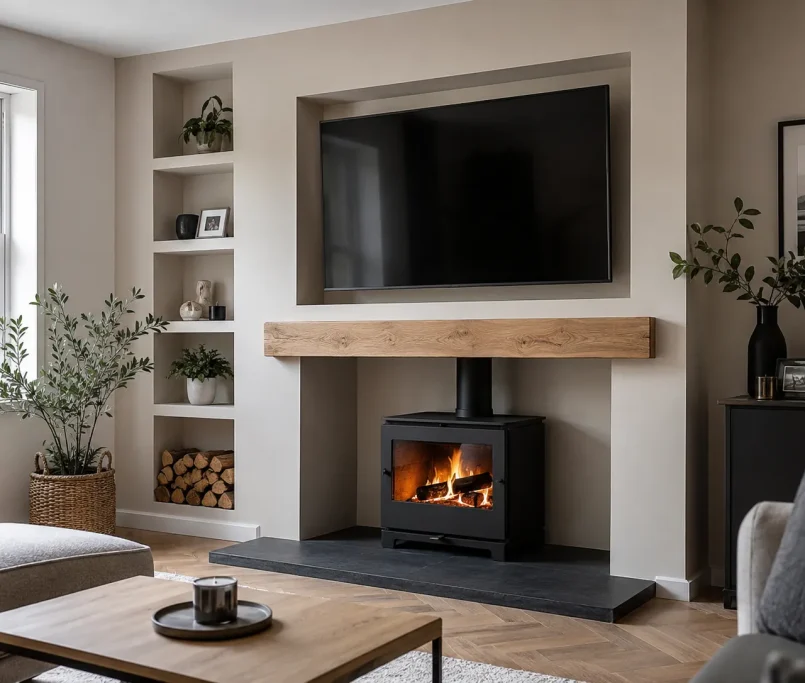Modern living room ideas with log burner integrated into a bespoke media wall