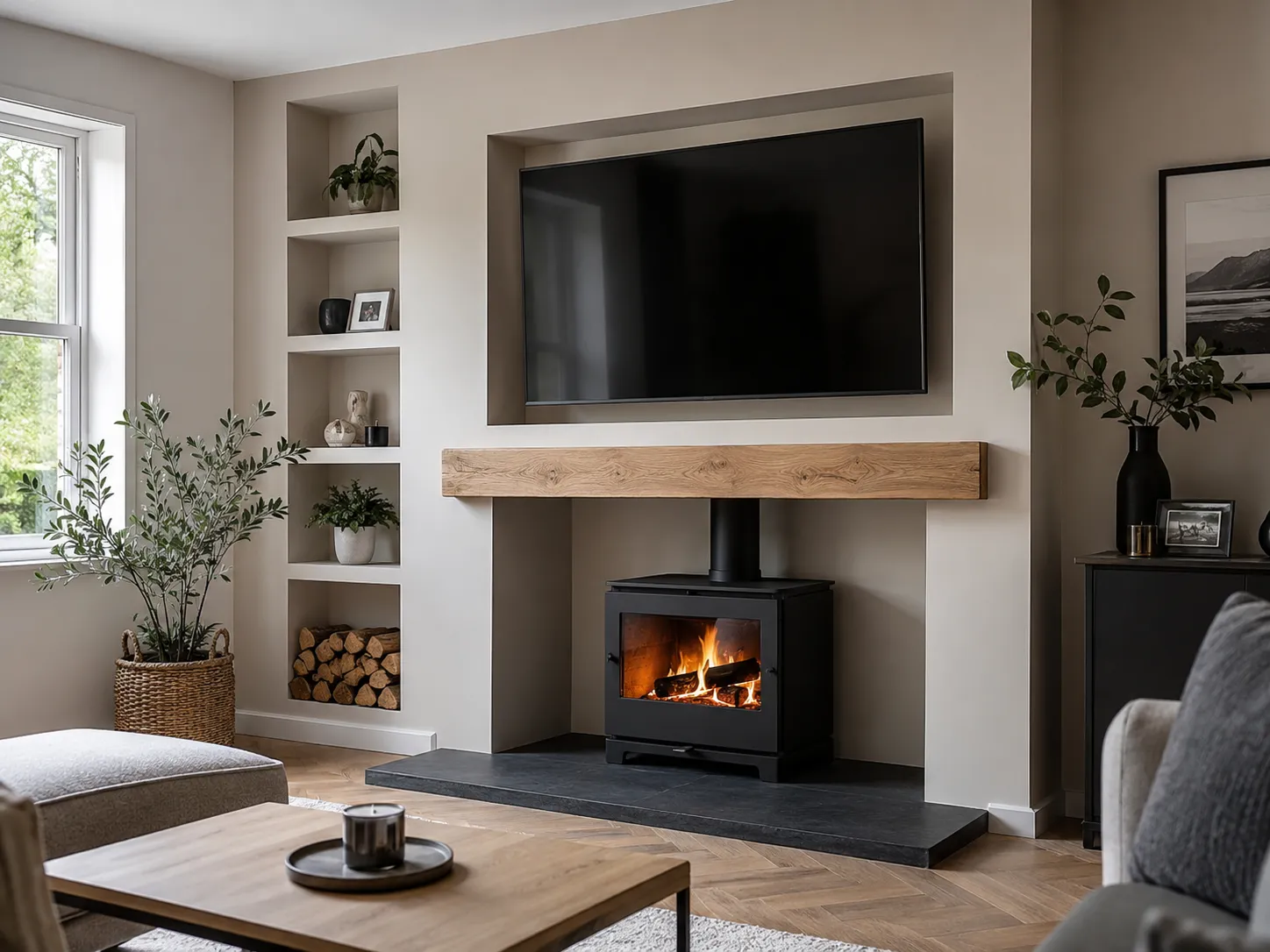 Modern living room ideas with log burner integrated into a bespoke media wall