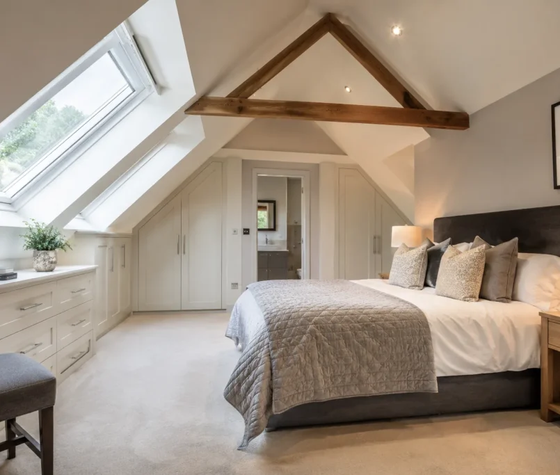 A luxurious, beautifully finished bedroom highlighting how much does a loft conversion cost on average.