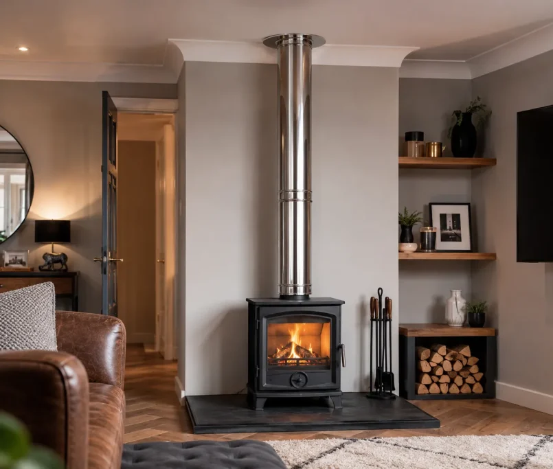 A beautiful modern living room demonstrating how to install a log burner without chimney safely using a twin-wall flue.