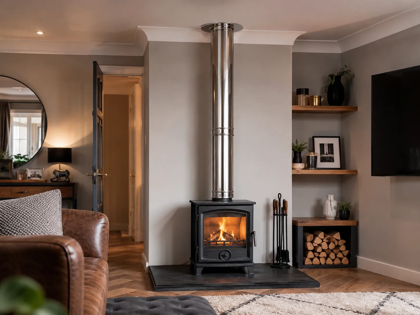 A beautiful modern living room demonstrating how to install a log burner without chimney safely using a twin-wall flue.