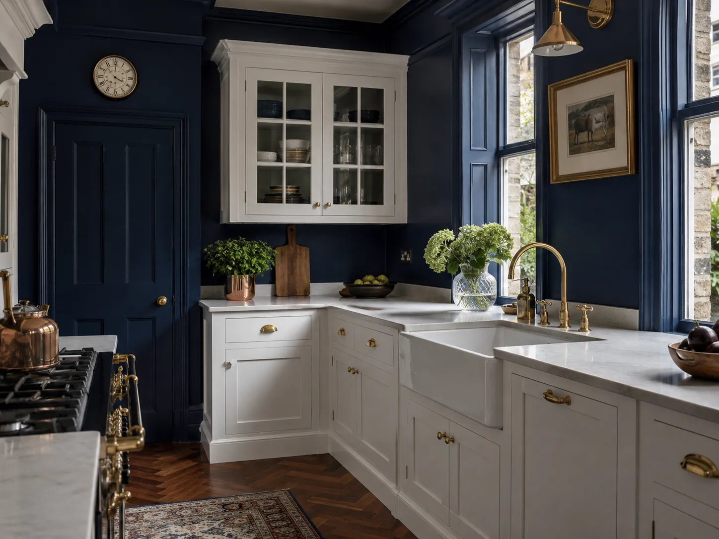 A traditional British shaker kitchen featuring dramatic navy blue walls and brass hardware.
