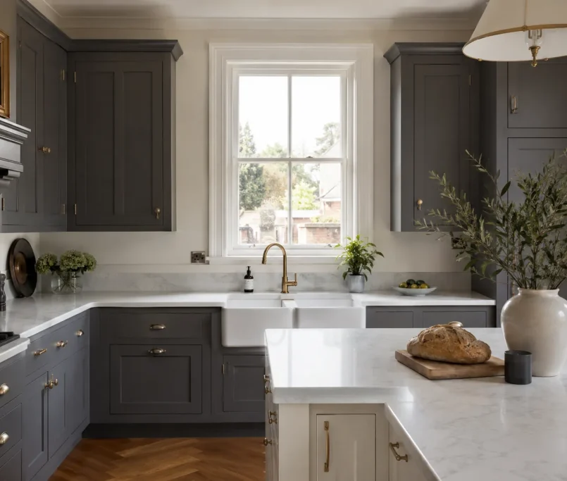 A beautiful modern shaker kitchen demonstrating professional shaker kitchen design tips with two-tone cabinetry.