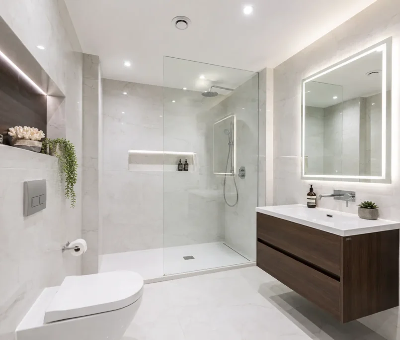 A beautiful modern windowless bathroom featuring advanced extraction and bright lighting to prevent dampness.