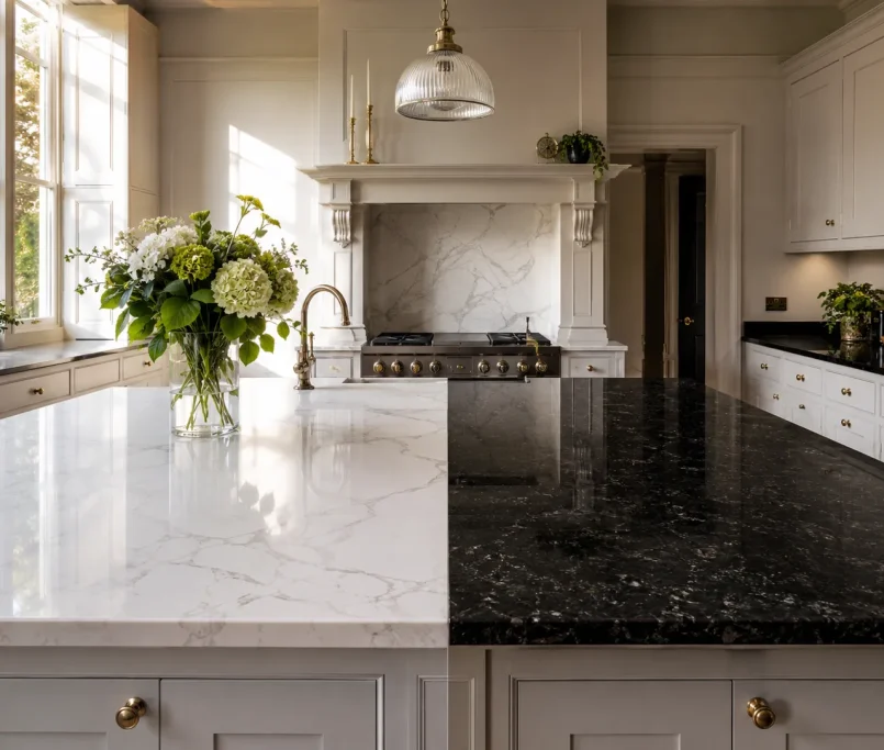 A side-by-side comparison of quartz vs granite worktops installed in a luxury kitchen.