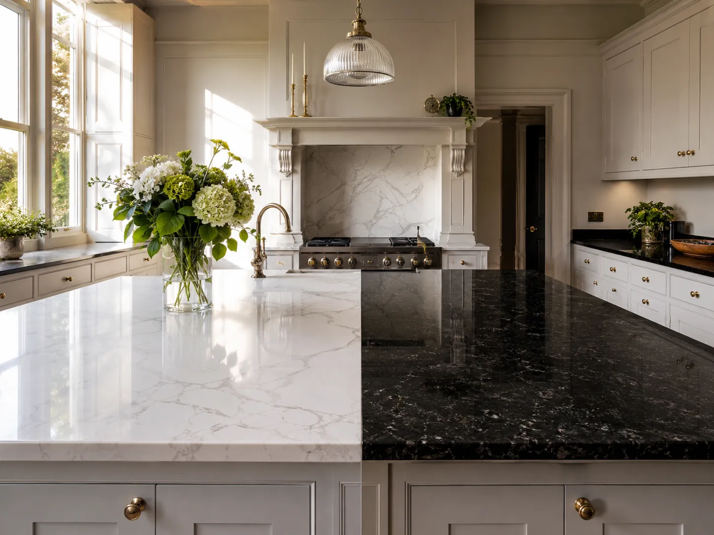 A side-by-side comparison of quartz vs granite worktops installed in a luxury kitchen.