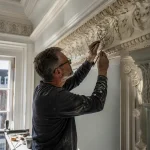 A professional craftsman meticulously restoring period features UK plaster cornices in a historic home.