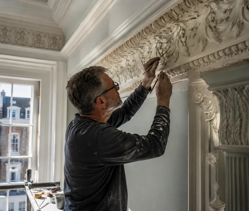 A professional craftsman meticulously restoring period features UK plaster cornices in a historic home.